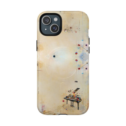 Keys of Imagination iPhone 15 Plus MagSafe case featuring a minimalist piano with colorful abstract musical elements on a soft neutral background.