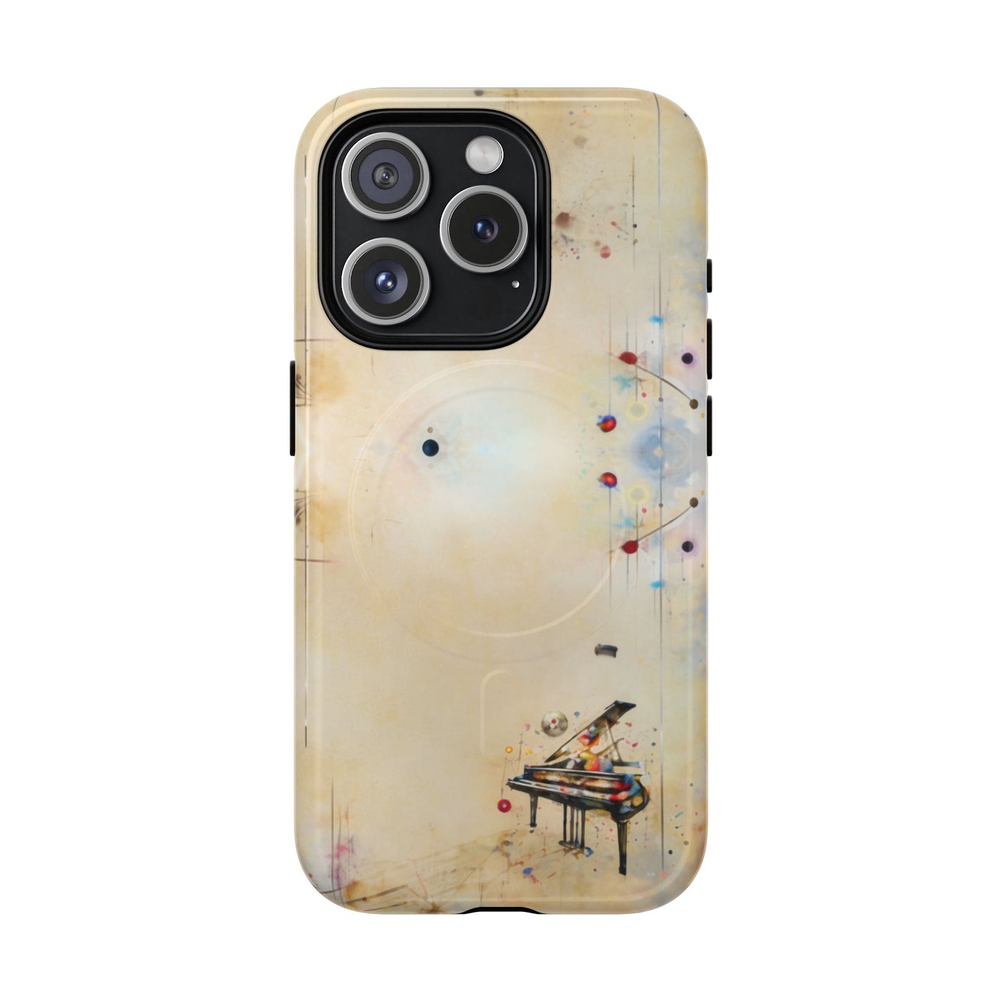 Keys of Imagination iPhone 15 Pro MagSafe case featuring a minimalist piano with colorful abstract musical elements on a soft neutral background.
