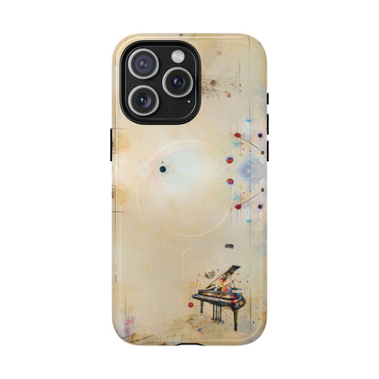 Keys of Imagination iPhone 15 Pro Max MagSafe case featuring a minimalist piano with colorful abstract musical elements on a soft neutral background.