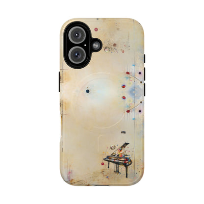 Keys of Imagination iPhone 16 MagSafe case featuring a minimalist piano with colorful abstract musical elements on a soft neutral background.