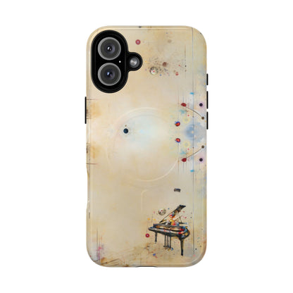 Keys of Imagination iPhone 16 Plus MagSafe case featuring a minimalist piano with colorful abstract musical elements on a soft neutral background.