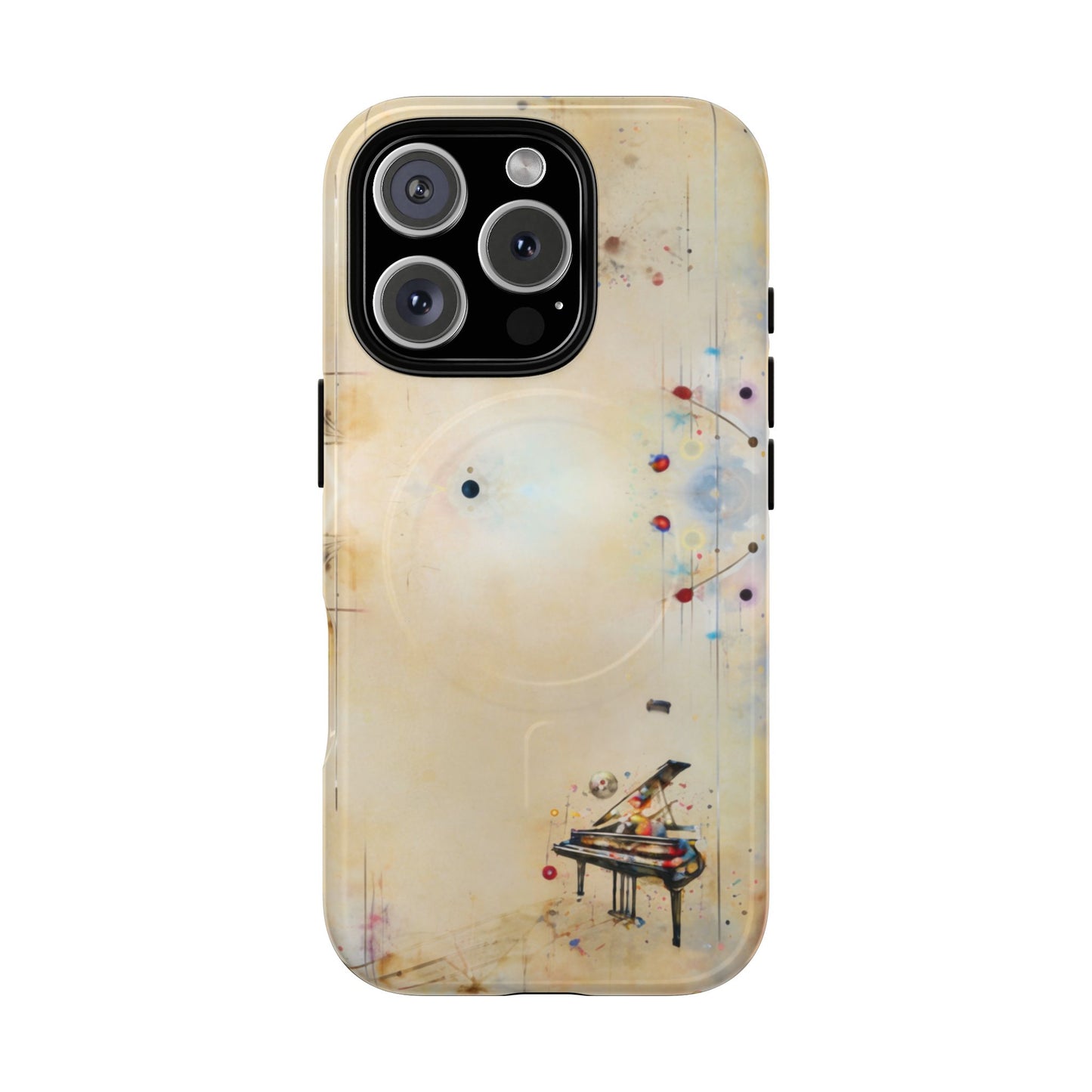 Keys of Imagination iPhone 16 Pro MagSafe case featuring a minimalist piano with colorful abstract musical elements on a soft neutral background.