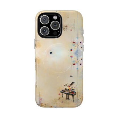 Keys of Imagination iPhone 16 Pro Max MagSafe case featuring a minimalist piano with colorful abstract musical elements on a soft neutral background.
