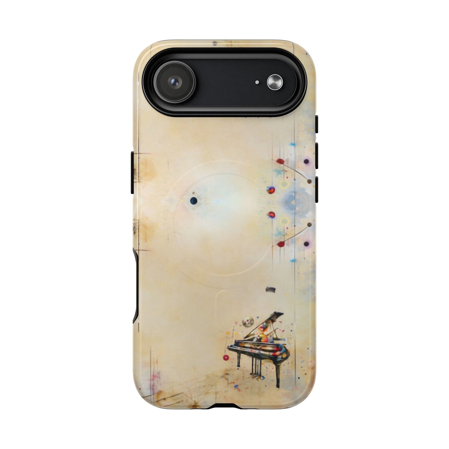 Keys of Imagination iPhone 17 Air MagSafe case featuring a minimalist piano with colorful abstract musical elements on a soft neutral background.