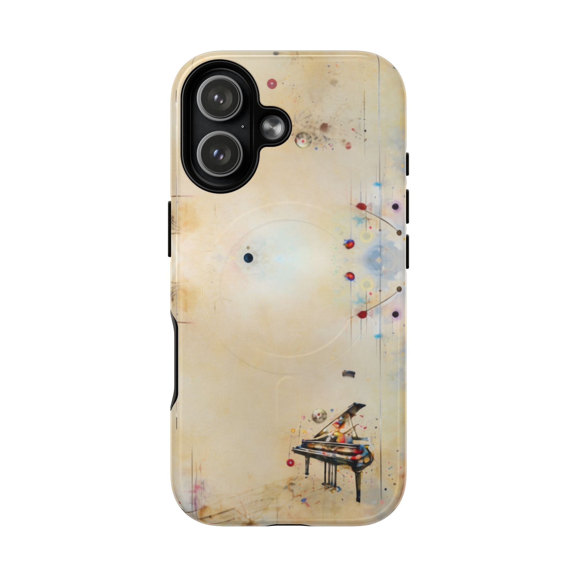 Keys of Imagination iPhone 17 MagSafe case featuring a minimalist piano with colorful abstract musical elements on a soft neutral background.