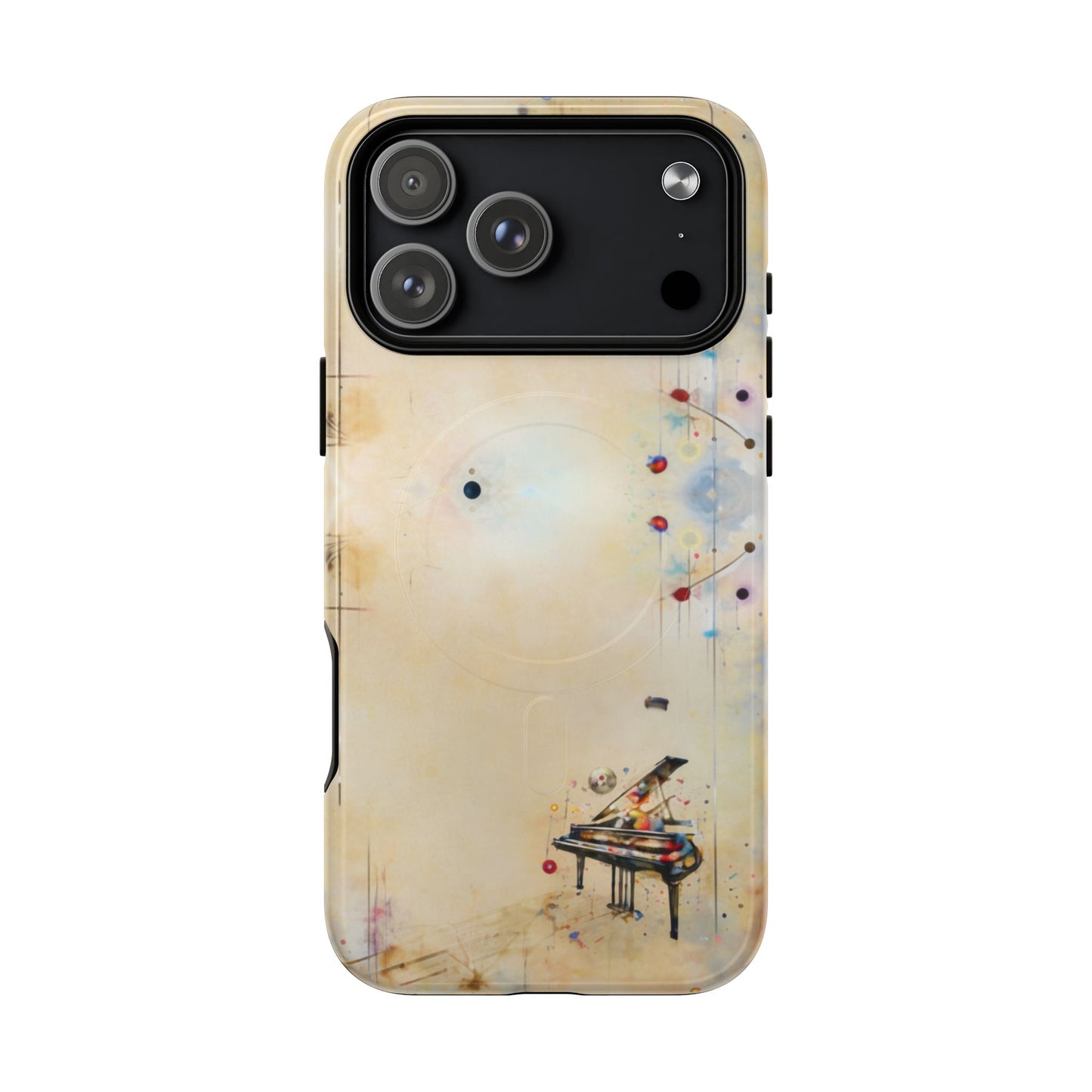 Keys of Imagination iPhone 17 Pro Max MagSafe case featuring a minimalist piano with colorful abstract musical elements on a soft neutral background.