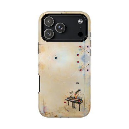 Keys of Imagination iPhone 17 Pro Max MagSafe case featuring a minimalist piano with colorful abstract musical elements on a soft neutral background.
