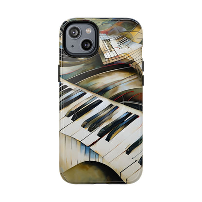 Ivory Cascade piano keys iPhone 14 Plus MagSafe case featuring flowing ivory and gold piano keyboard artwork with abstract musical movement.