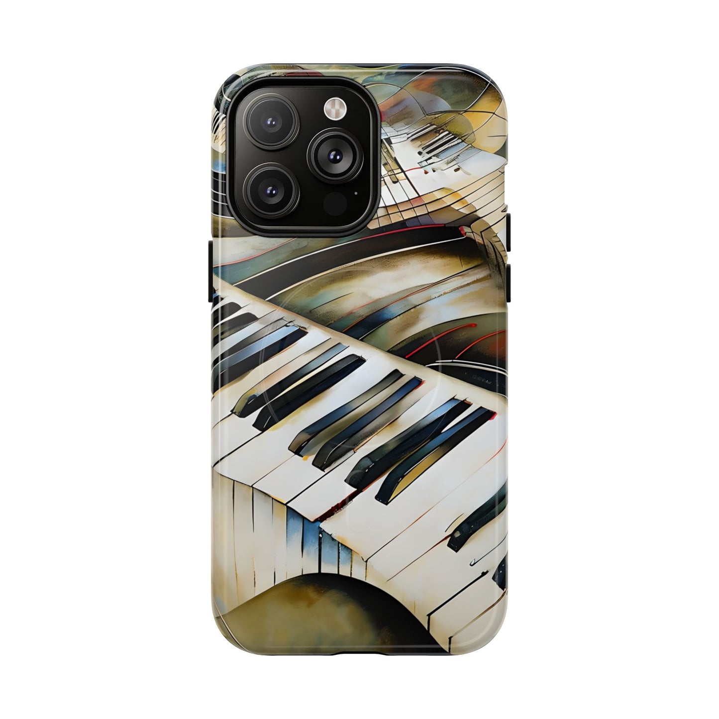 Ivory Cascade piano keys iPhone 14 Pro Max MagSafe case featuring flowing ivory and gold piano keyboard artwork with abstract musical movement.