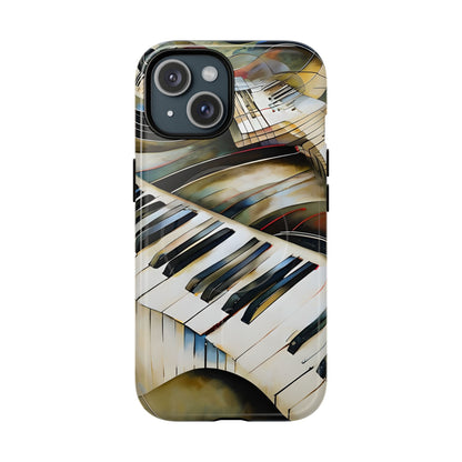 Ivory Cascade piano keys iPhone 15 MagSafe case featuring flowing ivory and gold piano keyboard artwork with abstract musical movement.
