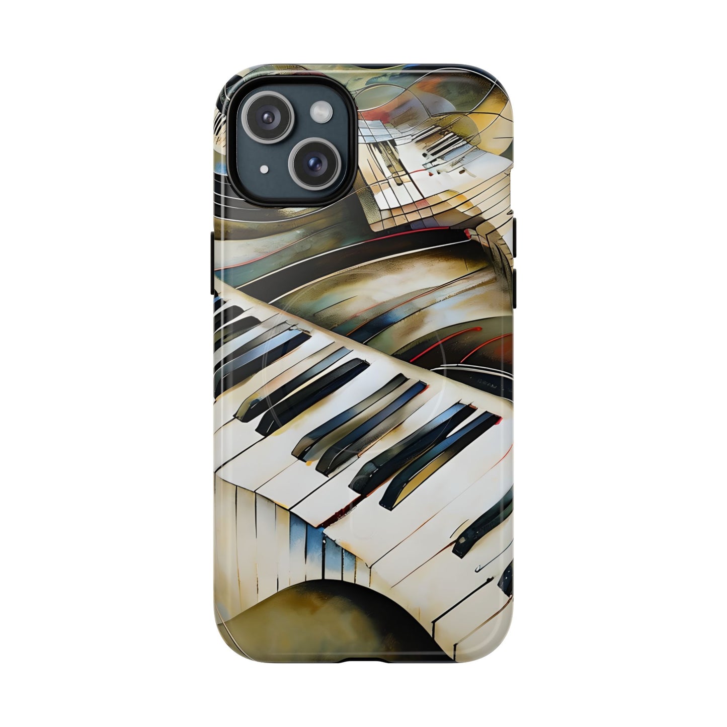 Ivory Cascade piano keys iPhone 15 Plus MagSafe case featuring flowing ivory and gold piano keyboard artwork with abstract musical movement.