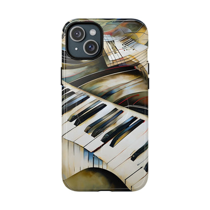 Ivory Cascade piano keys iPhone 15 Plus MagSafe case featuring flowing ivory and gold piano keyboard artwork with abstract musical movement.