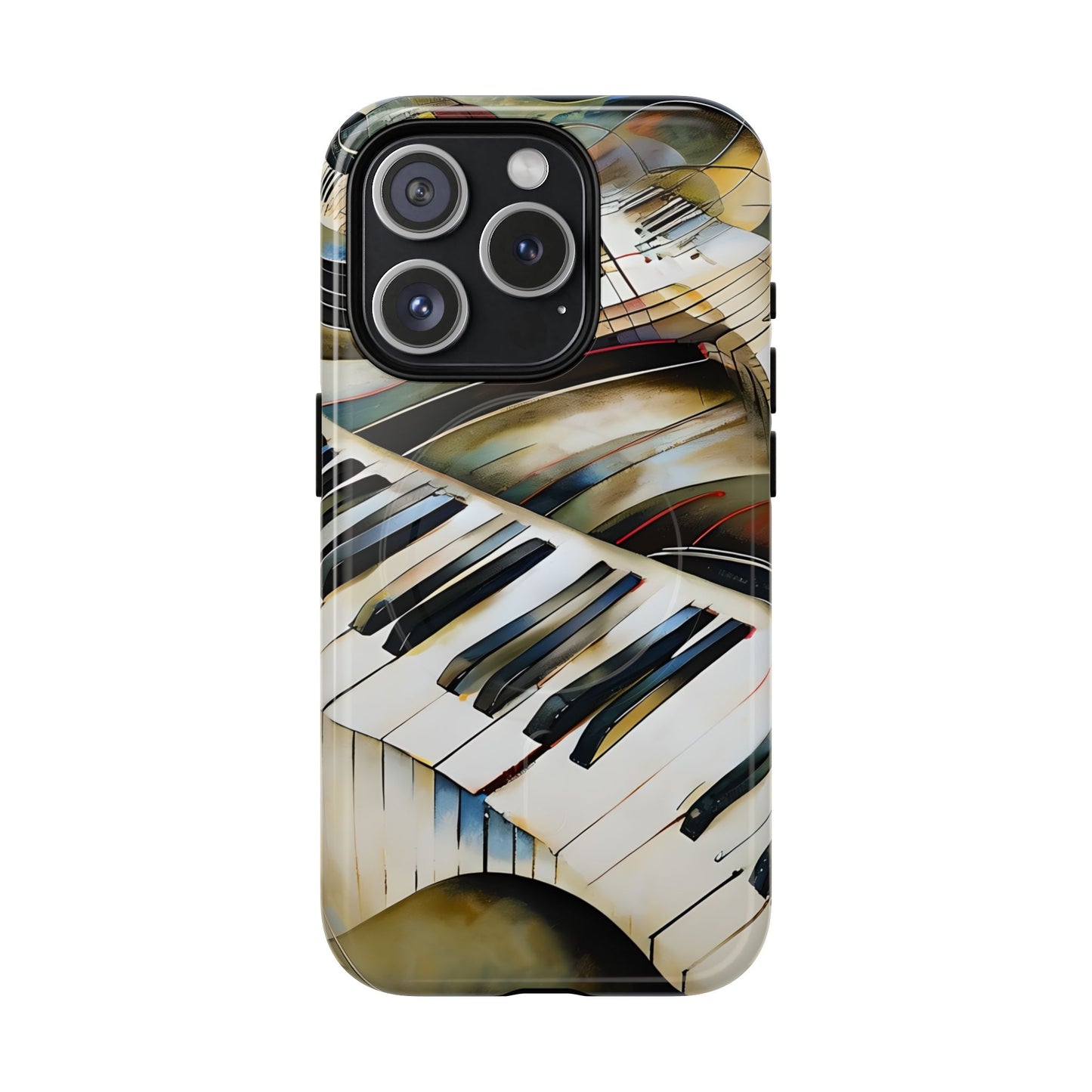 Ivory Cascade piano keys iPhone 15 Pro MagSafe case featuring flowing ivory and gold piano keyboard artwork with abstract musical movement.