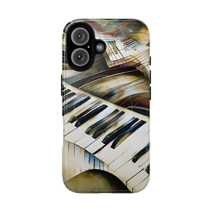 Ivory Cascade piano keys iPhone 16 MagSafe case featuring flowing ivory and gold piano keyboard artwork with abstract musical movement.