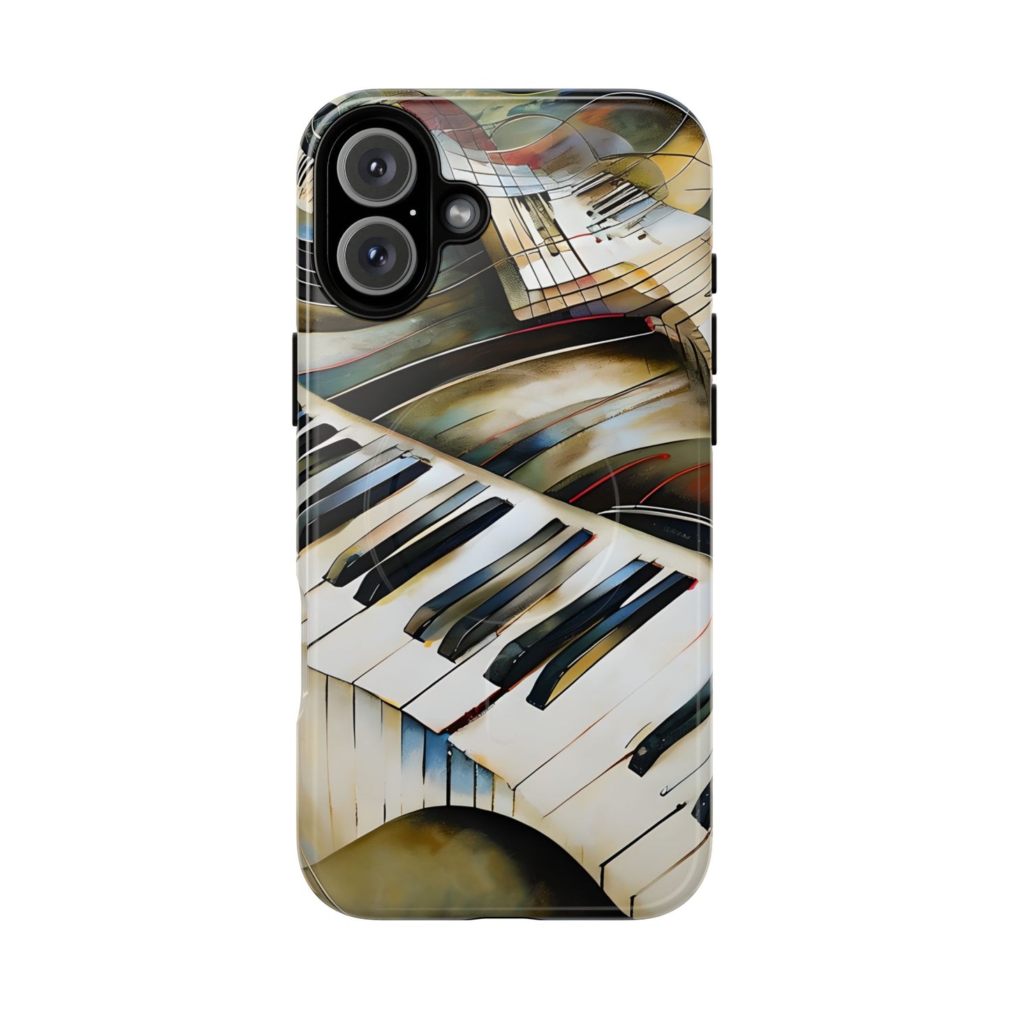 Ivory Cascade piano keys iPhone 16 Plus MagSafe case featuring flowing ivory and gold piano keyboard artwork with abstract musical movement.