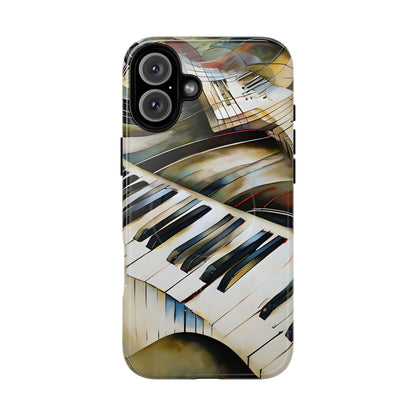 Ivory Cascade piano keys iPhone 16 Plus MagSafe case featuring flowing ivory and gold piano keyboard artwork with abstract musical movement.