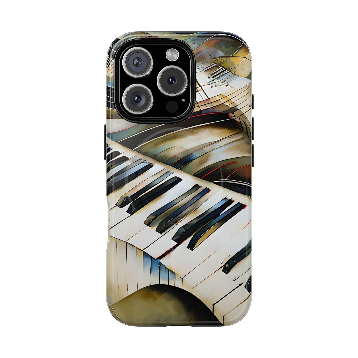 Ivory Cascade piano keys iPhone 16 Pro MagSafe case featuring flowing ivory and gold piano keyboard artwork with abstract musical movement.