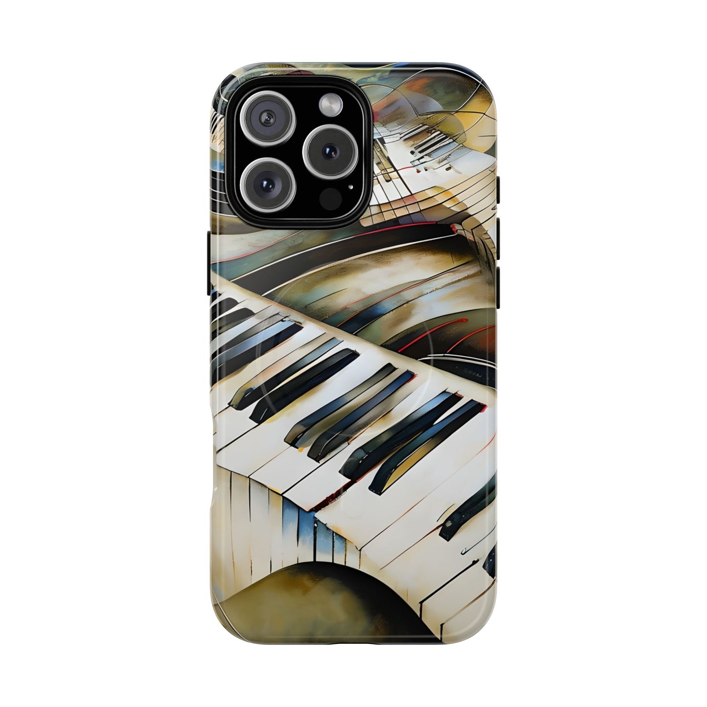 Ivory Cascade piano keys iPhone 16 Pro Max MagSafe case featuring flowing ivory and gold piano keyboard artwork with abstract musical movement.