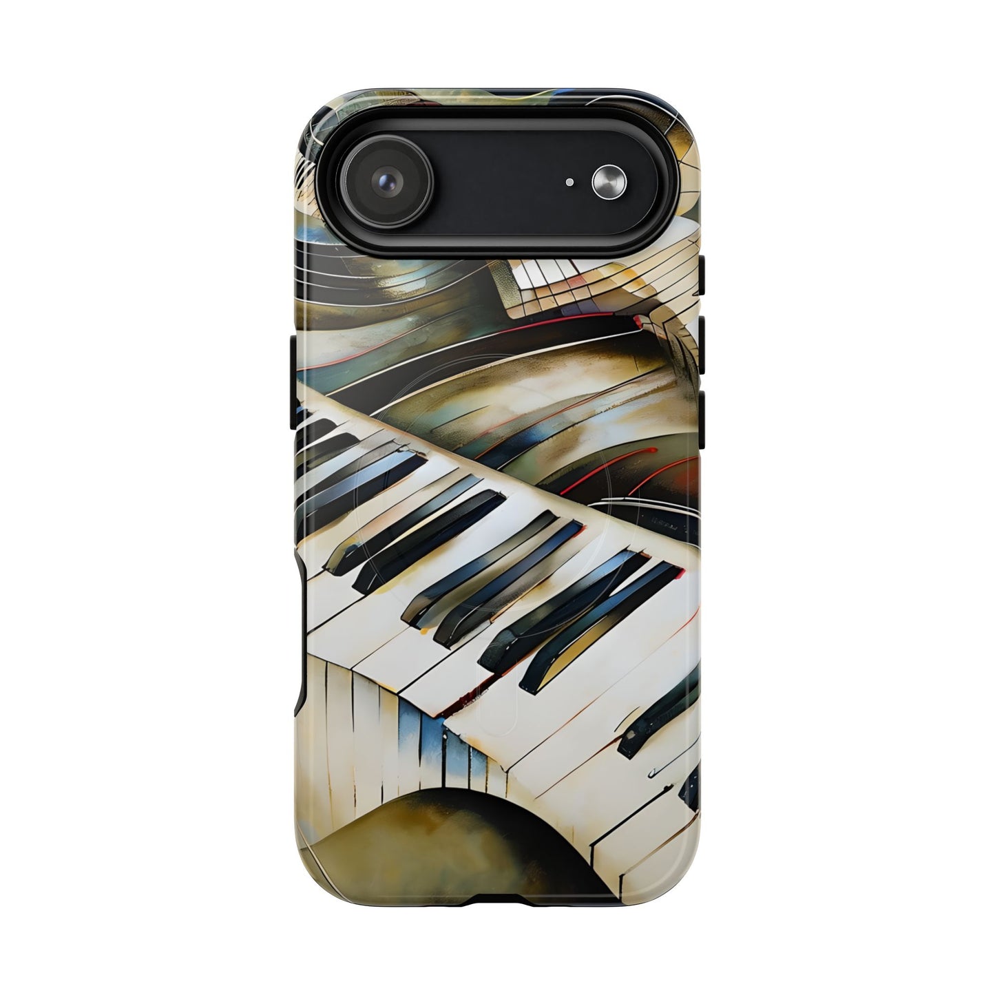 Ivory Cascade piano keys iPhone 17 Air MagSafe case featuring flowing ivory and gold piano keyboard artwork with abstract musical movement.