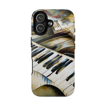 Ivory Cascade piano keys iPhone 17 MagSafe case featuring flowing ivory and gold piano keyboard artwork with abstract musical movement.