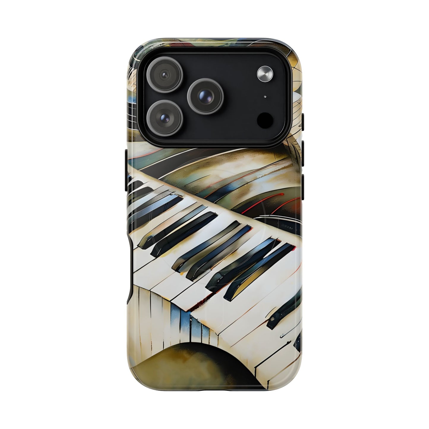 Ivory Cascade piano keys iPhone 17 Pro MagSafe case featuring flowing ivory and gold piano keyboard artwork with abstract musical movement.