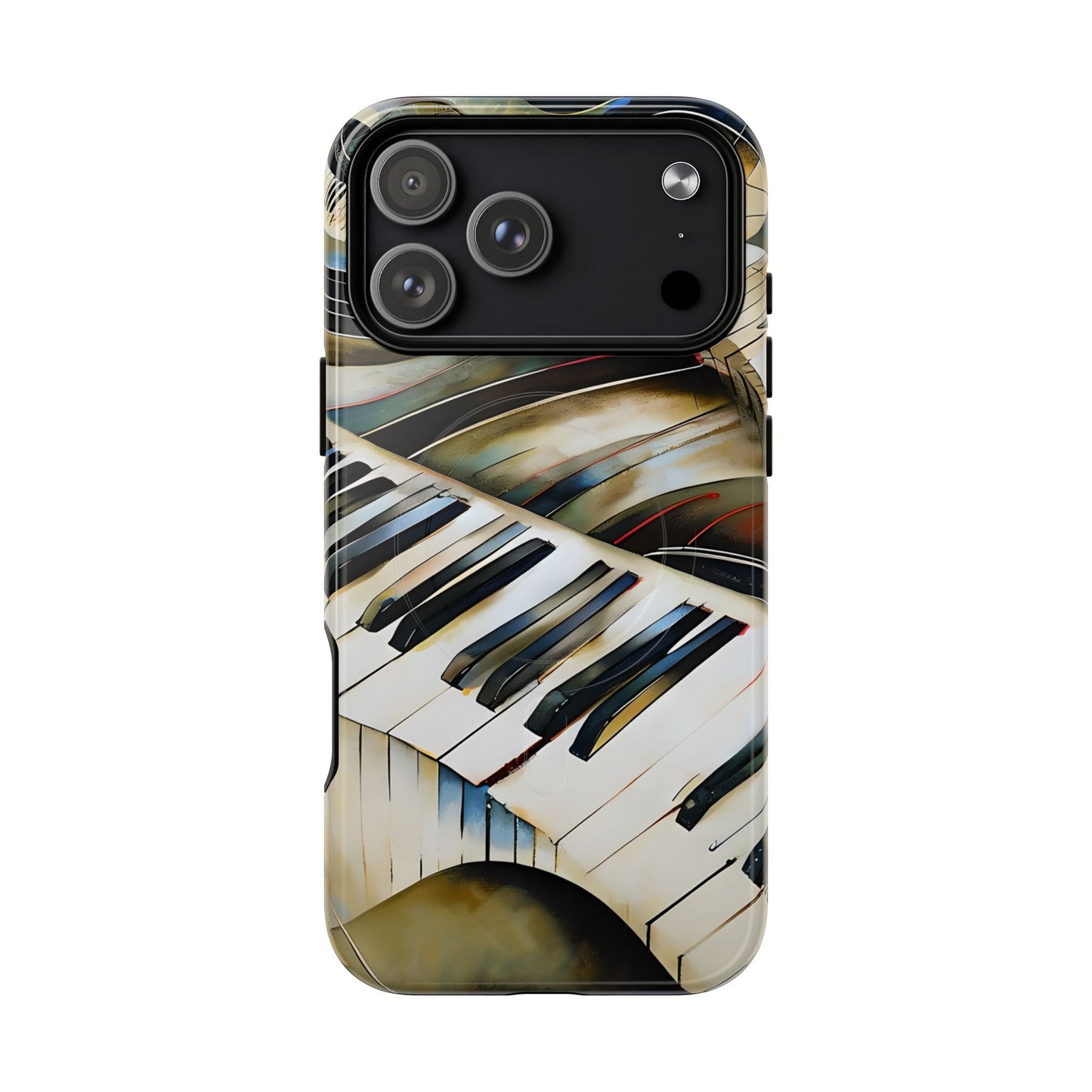 Ivory Cascade piano keys iPhone 17 Pro Max MagSafe case featuring flowing ivory and gold piano keyboard artwork with abstract musical movement.