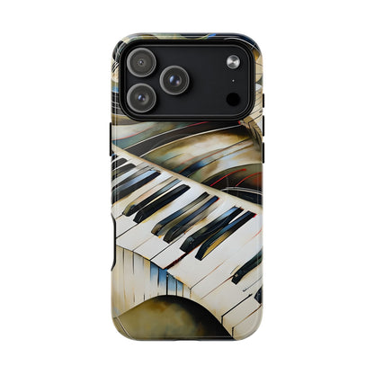 Ivory Cascade piano keys iPhone 17 Pro Max MagSafe case featuring flowing ivory and gold piano keyboard artwork with abstract musical movement.