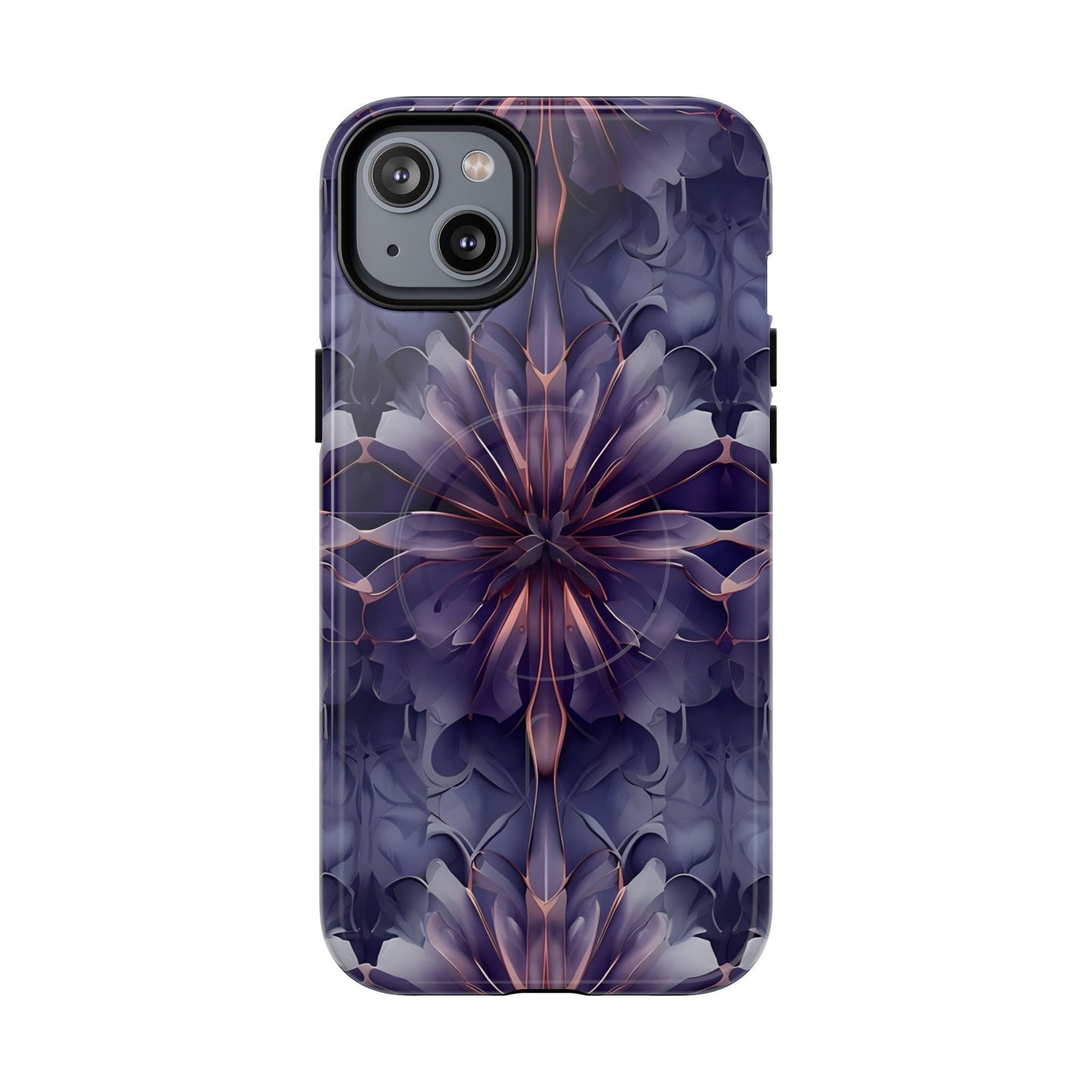 Twilight Tapestry purple floral iPhone 14 Plus MagSafe case featuring layered violet petals in an abstract botanical pattern.