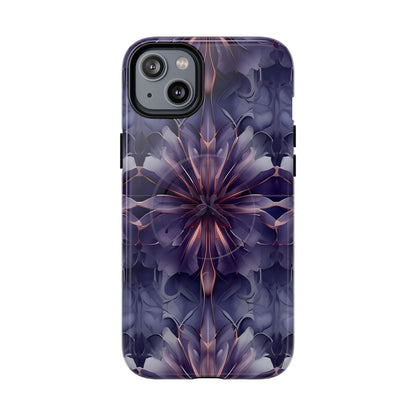 Twilight Tapestry purple floral iPhone 14 Plus MagSafe case featuring layered violet petals in an abstract botanical pattern.