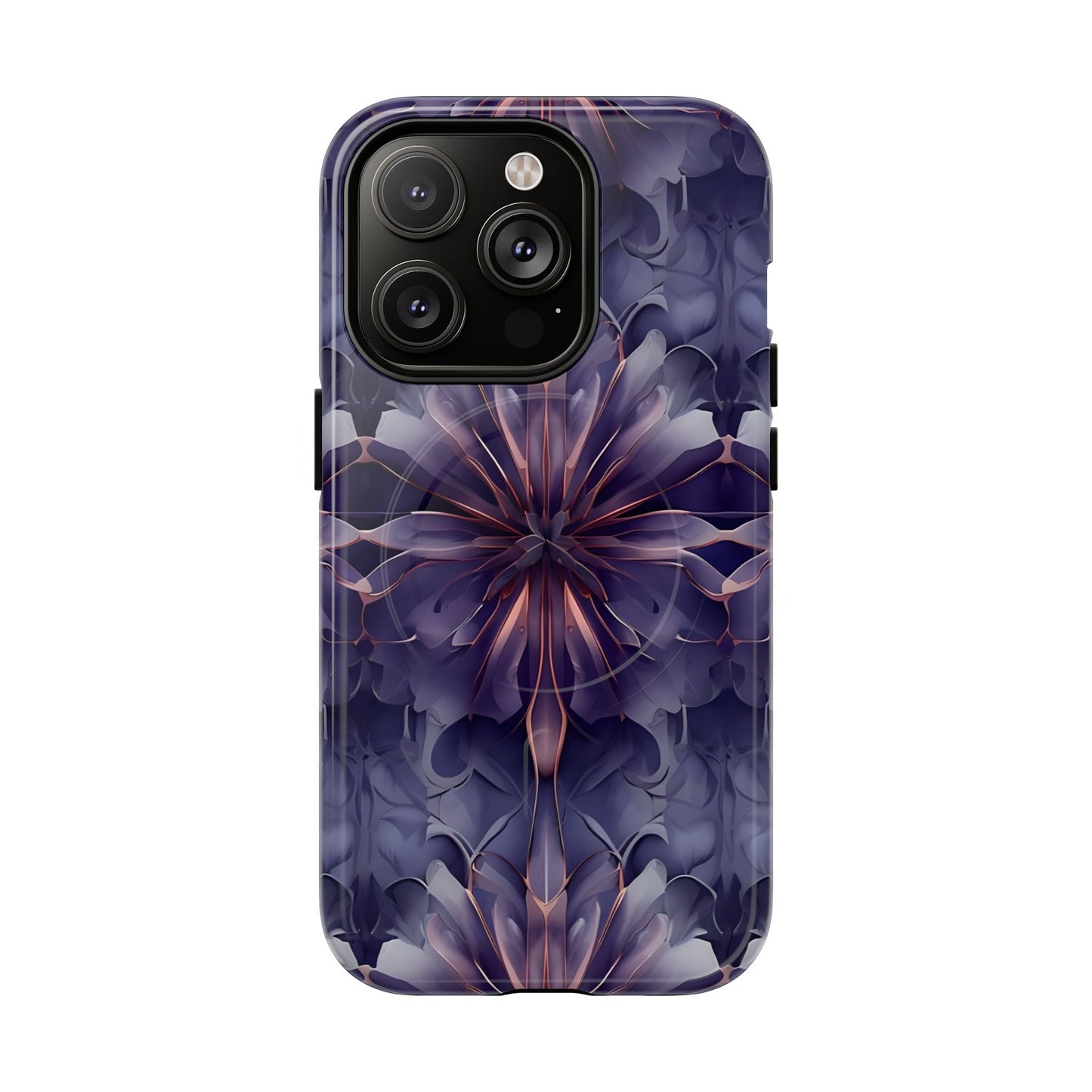 Twilight Tapestry purple floral iPhone 14 Pro MagSafe case featuring layered violet petals in an abstract botanical pattern.