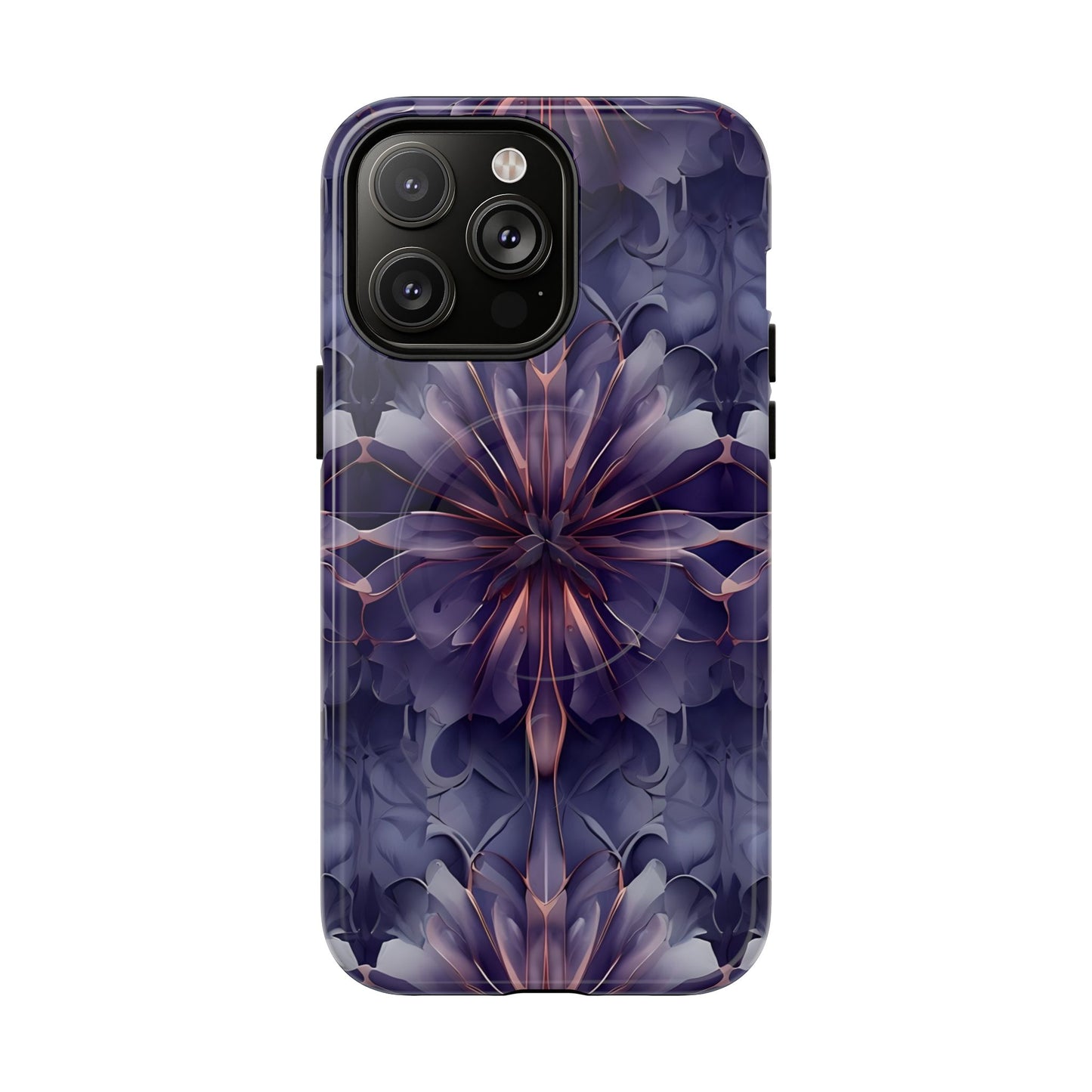 Twilight Tapestry purple floral iPhone 14 Pro Max MagSafe case featuring layered violet petals in an abstract botanical pattern.