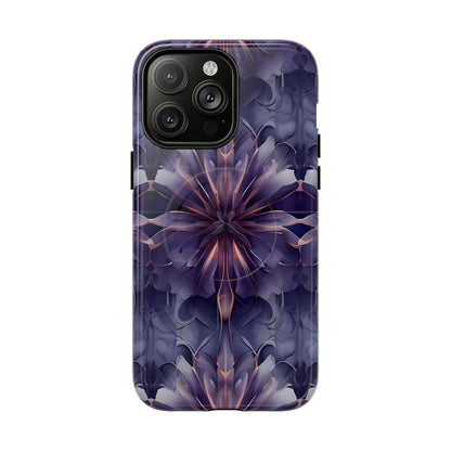 Twilight Tapestry purple floral iPhone 14 Pro Max MagSafe case featuring layered violet petals in an abstract botanical pattern.