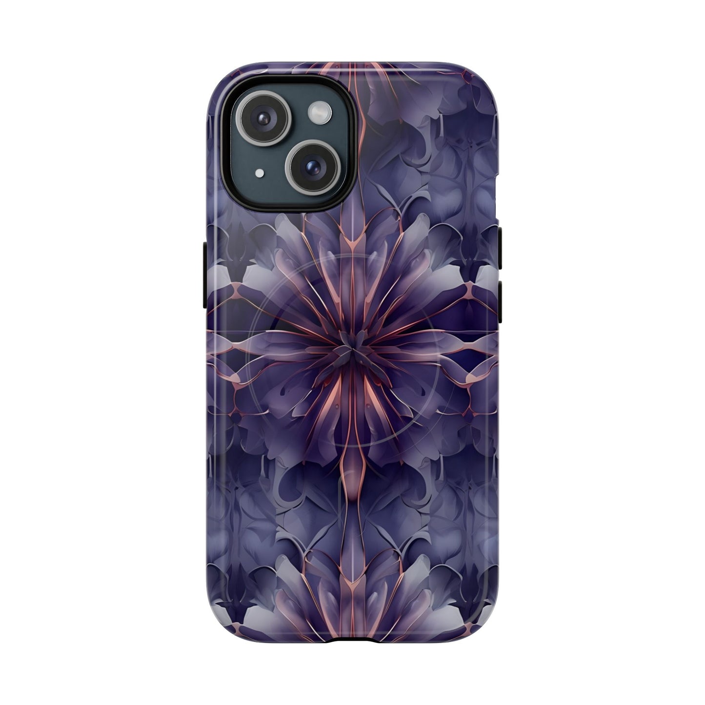 Twilight Tapestry purple floral iPhone 15 MagSafe case featuring layered violet petals in an abstract botanical pattern.