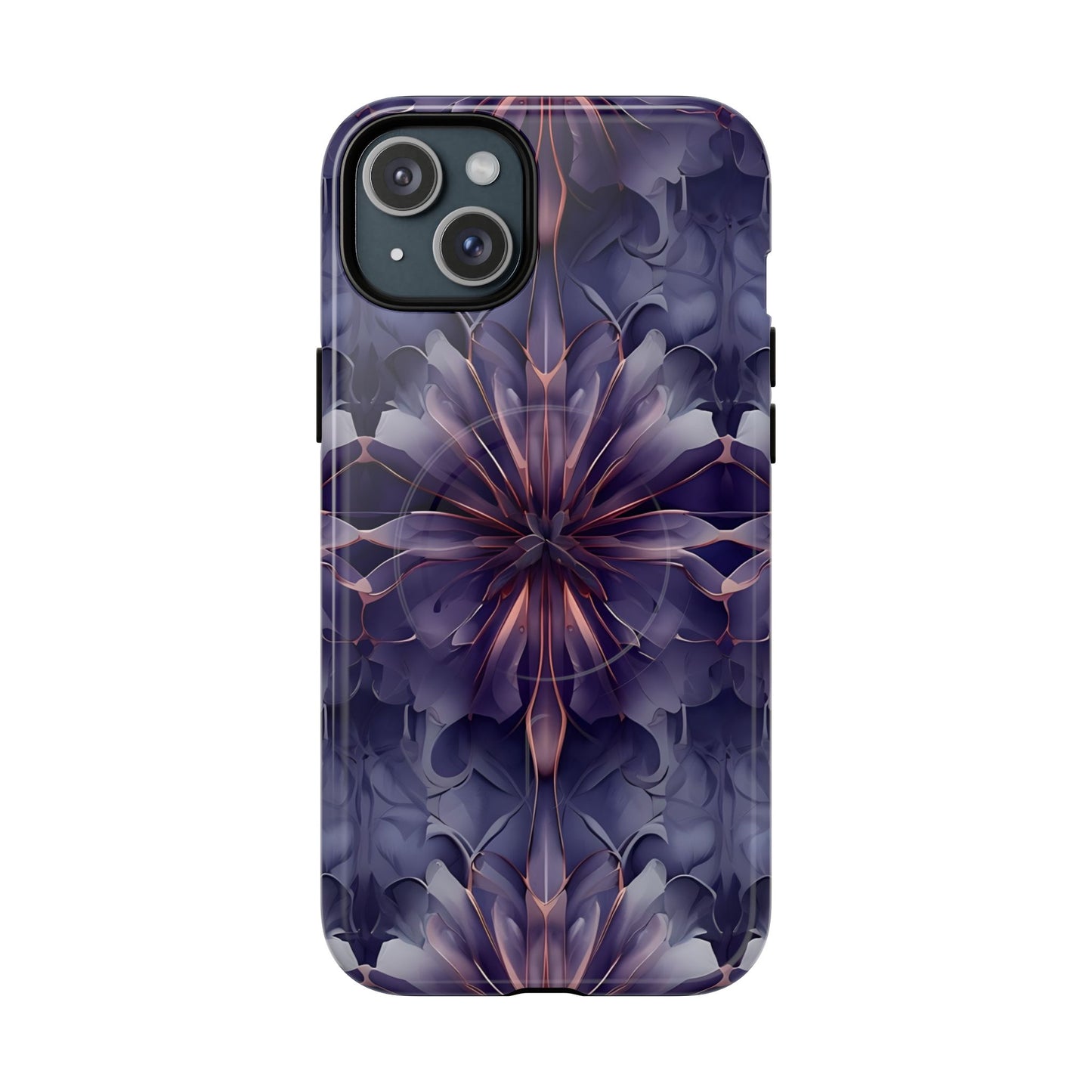 Twilight Tapestry purple floral iPhone 15 Plus MagSafe case featuring layered violet petals in an abstract botanical pattern.