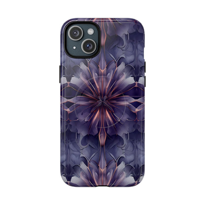 Twilight Tapestry purple floral iPhone 15 Plus MagSafe case featuring layered violet petals in an abstract botanical pattern.
