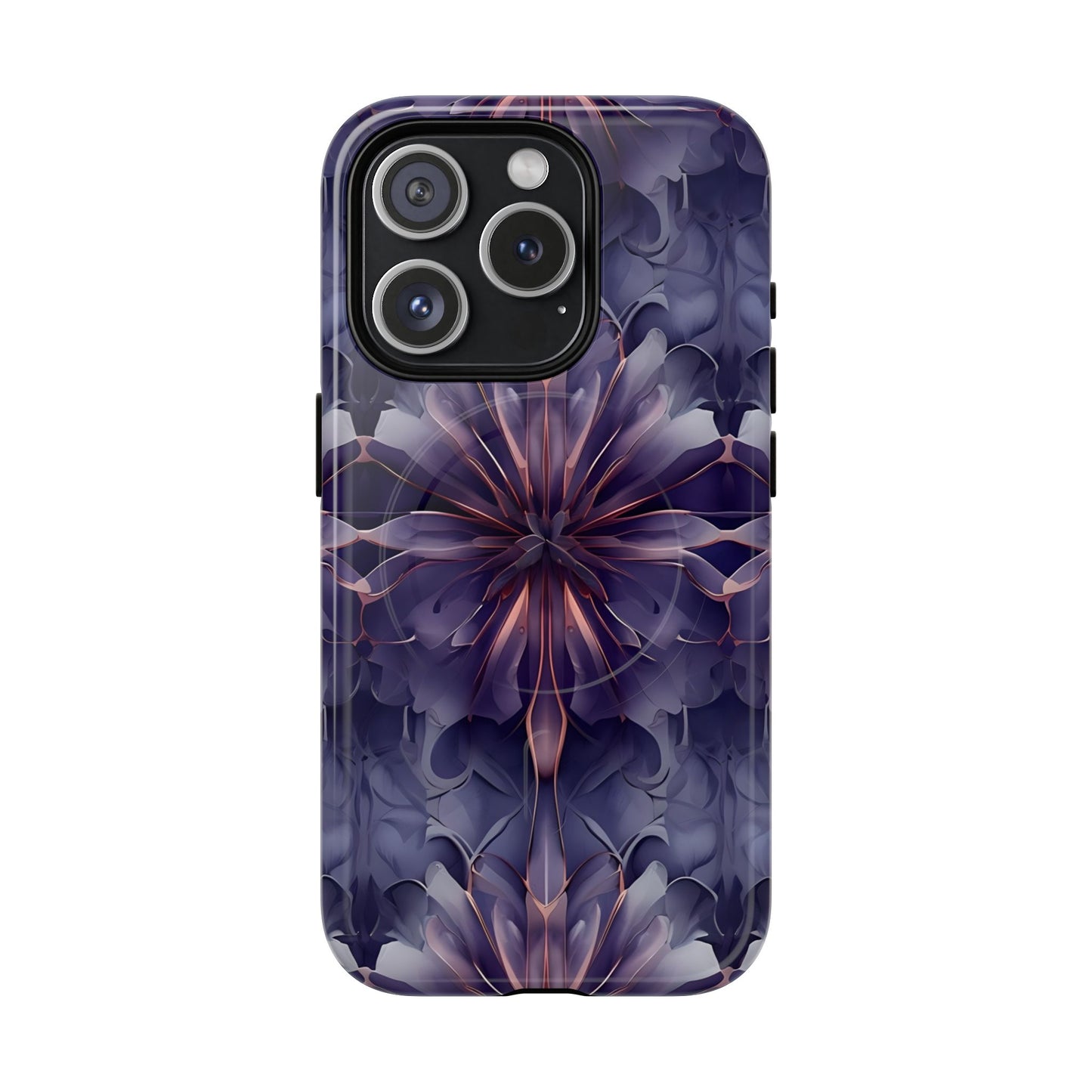 Twilight Tapestry purple floral iPhone 15 Pro MagSafe case featuring layered violet petals in an abstract botanical pattern.