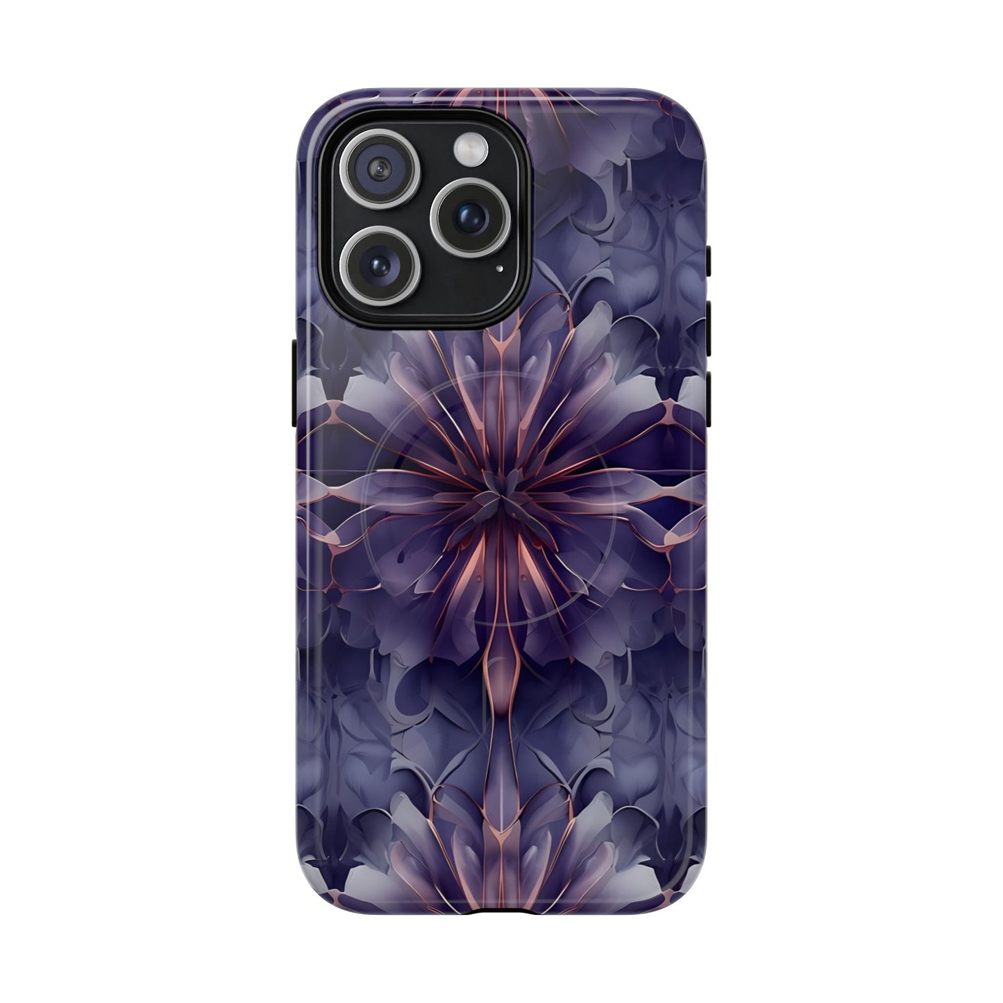 Twilight Tapestry purple floral iPhone 15 Pro Max MagSafe case featuring layered violet petals in an abstract botanical pattern.