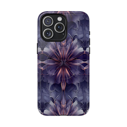 Twilight Tapestry purple floral iPhone 15 Pro Max MagSafe case featuring layered violet petals in an abstract botanical pattern.