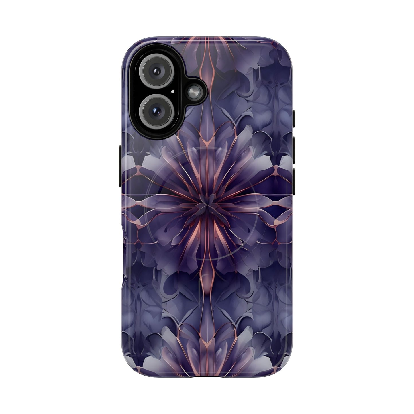 Twilight Tapestry purple floral iPhone 16 MagSafe case featuring layered violet petals in an abstract botanical pattern.