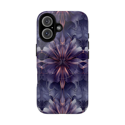 Twilight Tapestry purple floral iPhone 16 MagSafe case featuring layered violet petals in an abstract botanical pattern.