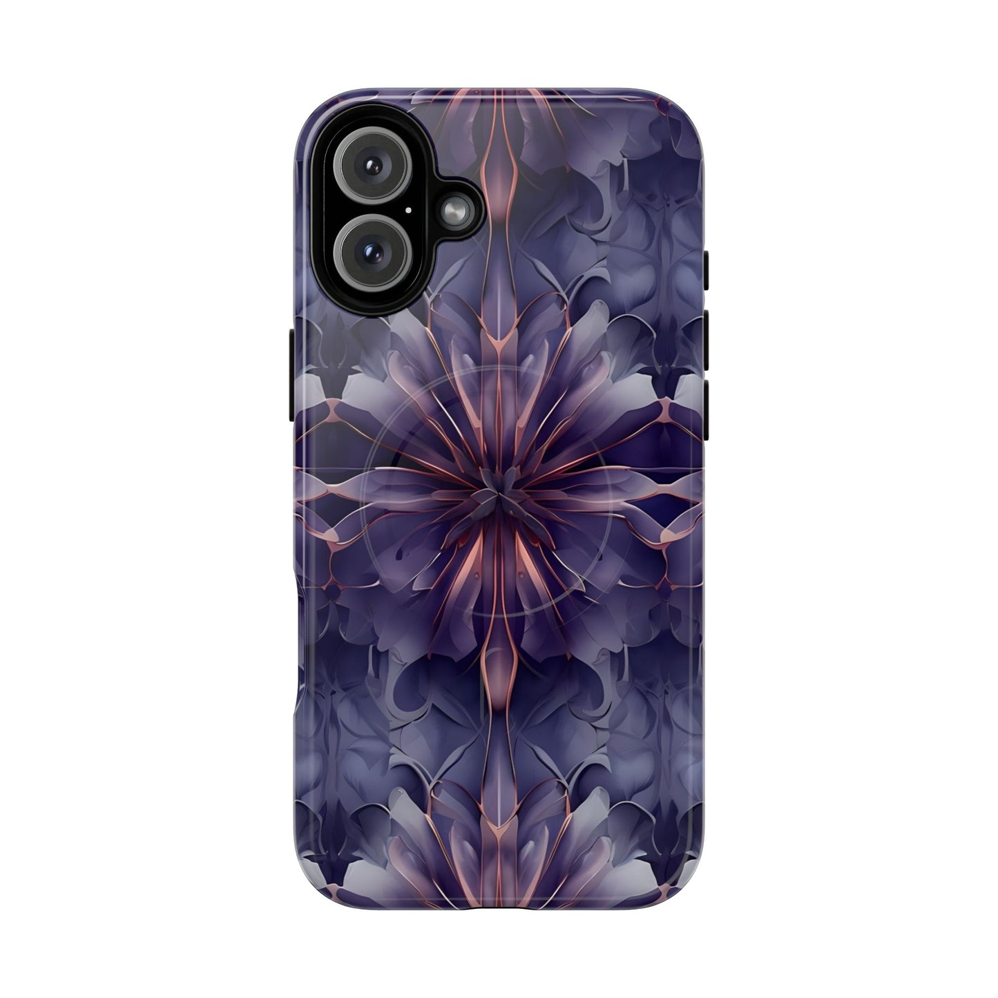 Twilight Tapestry purple floral iPhone 16 Plus MagSafe case featuring layered violet petals in an abstract botanical pattern.