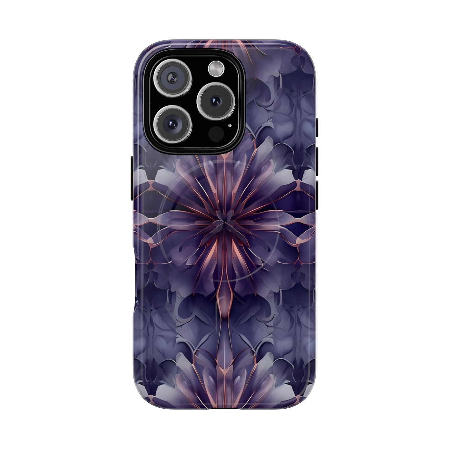 Twilight Tapestry purple floral iPhone 16 Pro MagSafe case featuring layered violet petals in an abstract botanical pattern.