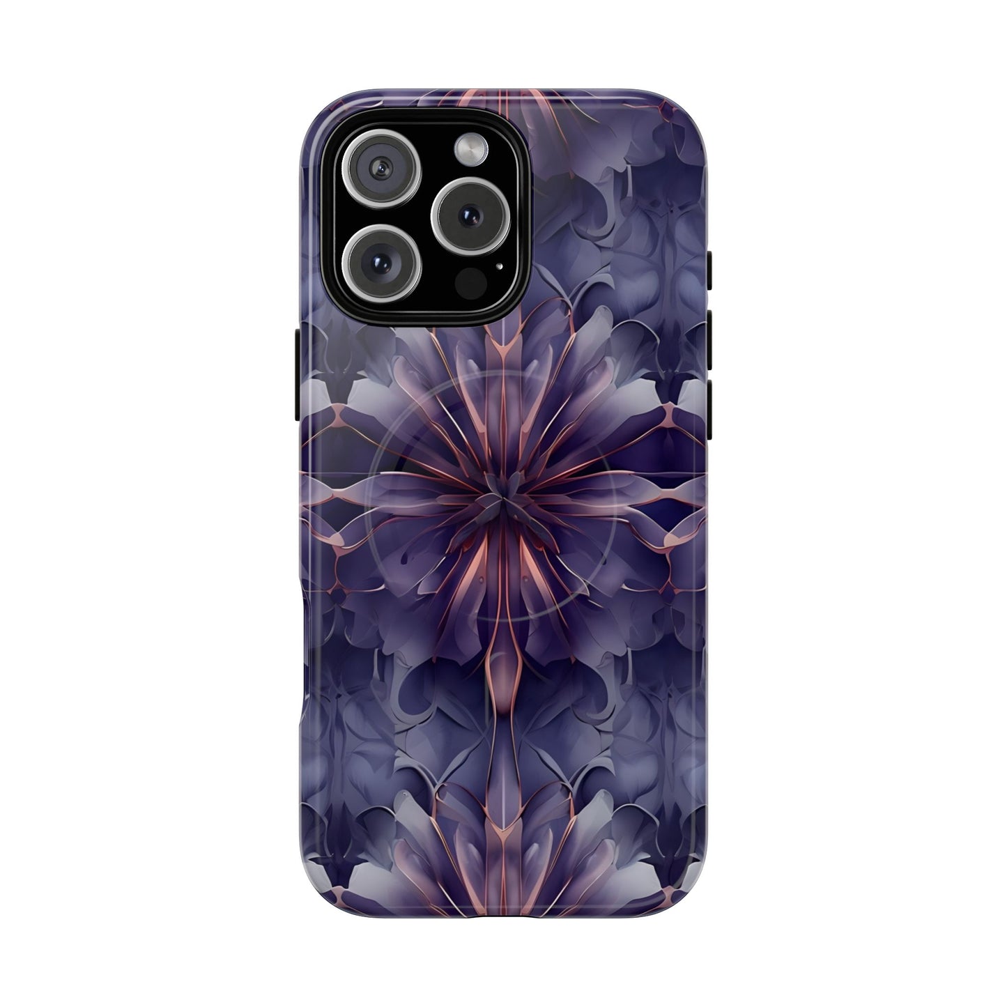 Twilight Tapestry purple floral iPhone 16 Pro Max MagSafe case featuring layered violet petals in an abstract botanical pattern.