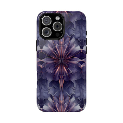 Twilight Tapestry purple floral iPhone 16 Pro Max MagSafe case featuring layered violet petals in an abstract botanical pattern.