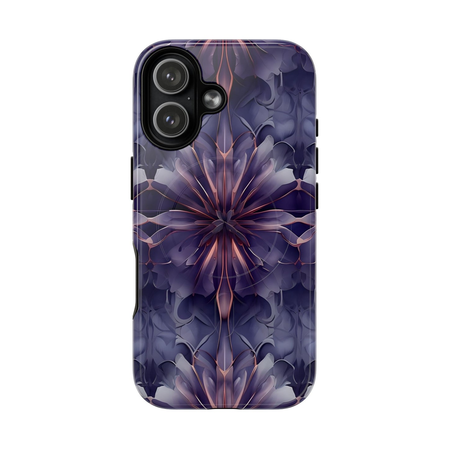 Twilight Tapestry purple floral iPhone 17 MagSafe case featuring layered violet petals in an abstract botanical pattern.