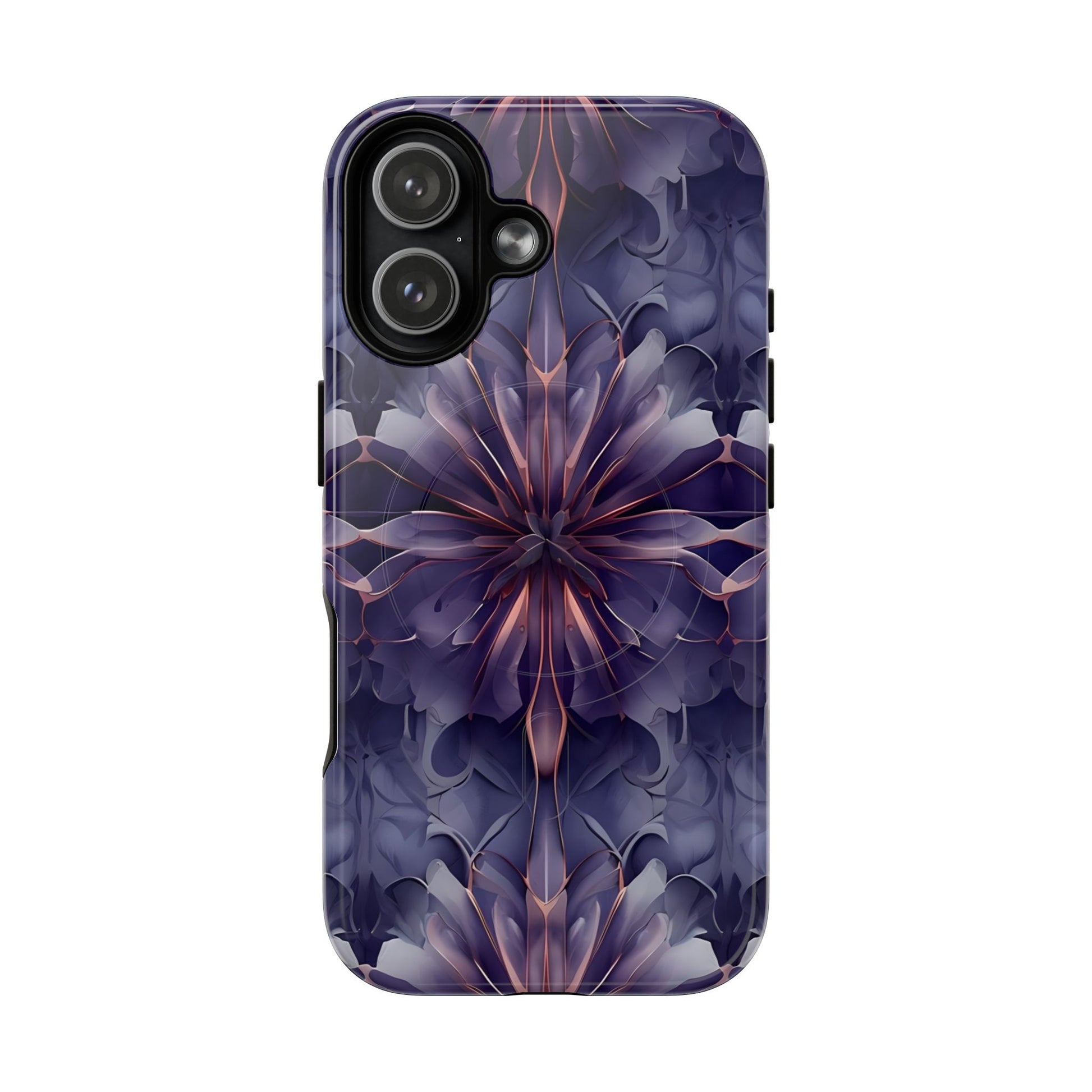 Twilight Tapestry purple floral iPhone 17 MagSafe case featuring layered violet petals in an abstract botanical pattern.