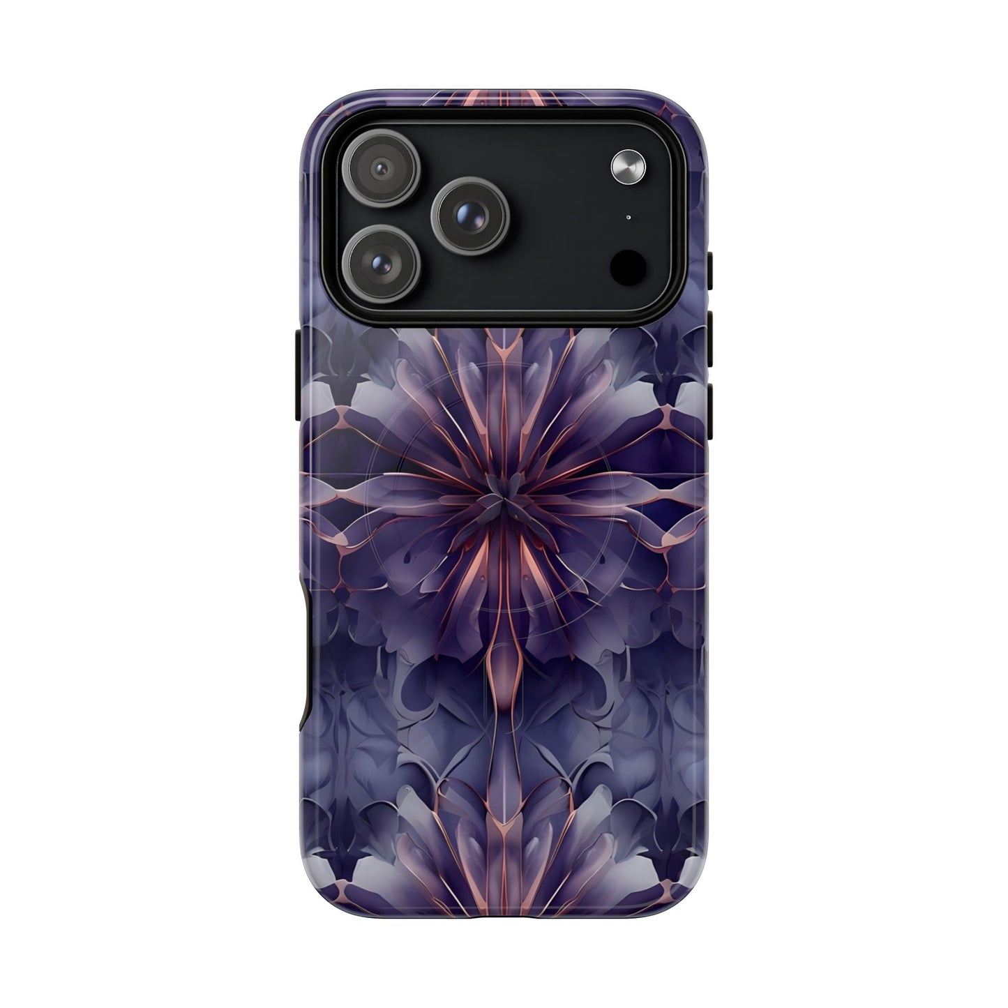 Twilight Tapestry purple floral iPhone 17 Pro Max MagSafe case featuring layered violet petals in an abstract botanical pattern.