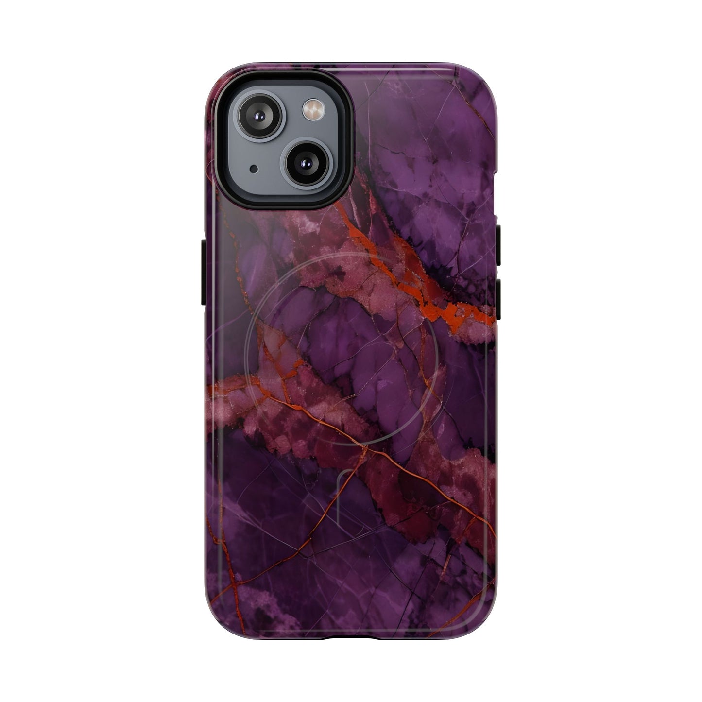 Amethyst Current purple marble iPhone 14 MagSafe case featuring deep violet stone textures with copper vein accents.