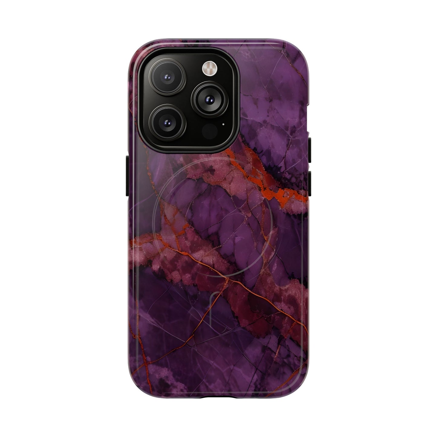 Amethyst Current purple marble iPhone 14 Pro MagSafe case featuring deep violet stone textures with copper vein accents.