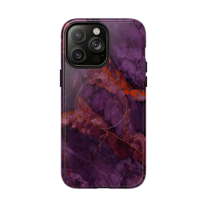 Amethyst Current purple marble iPhone 14 Pro Max MagSafe case featuring deep violet stone textures with copper vein accents.